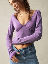 Women's Solid Color Fitted V-Neck Long Sleeve Knitted T-Shirt